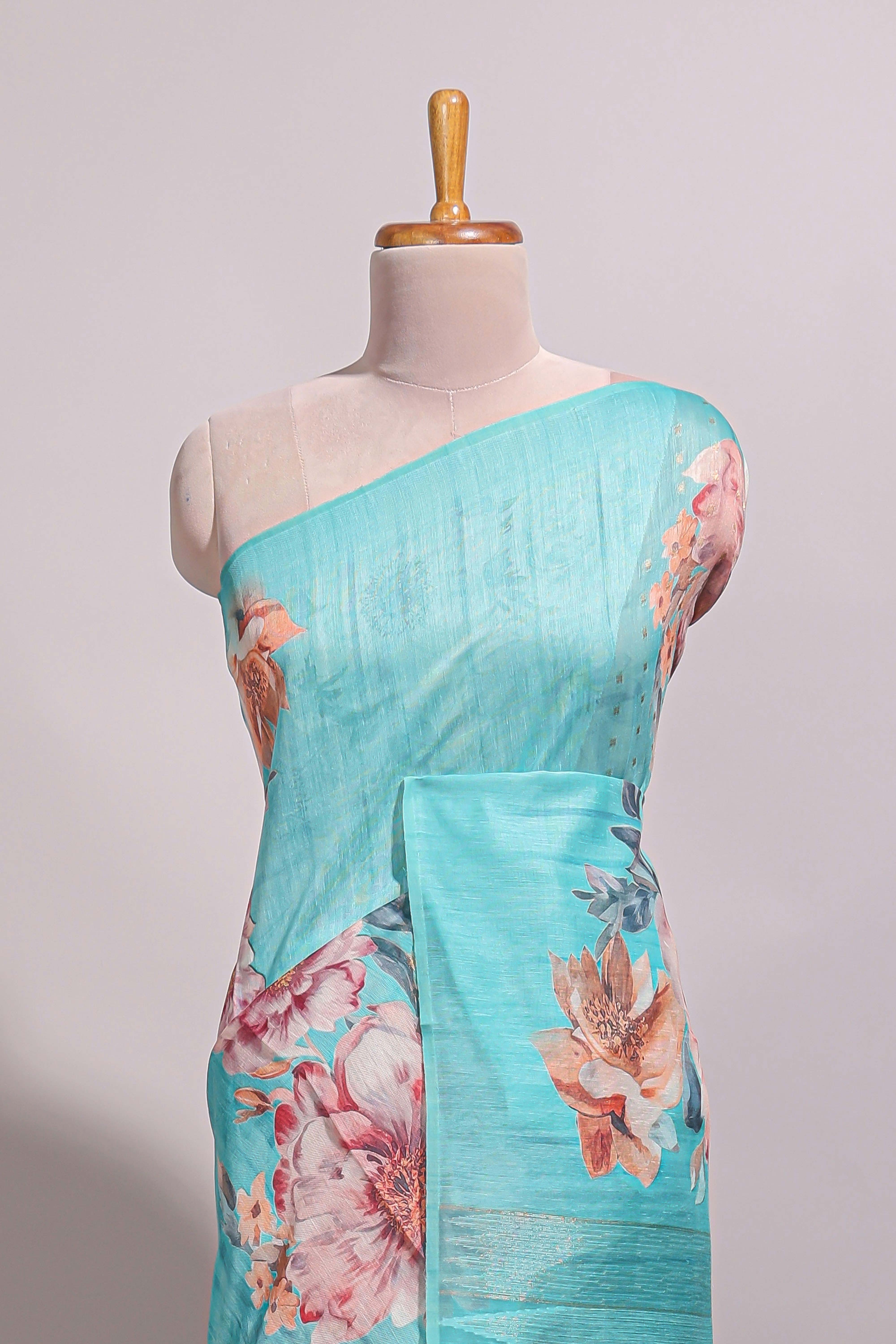 Borderless blue floral design semi tussar saree with self pallu and blouse