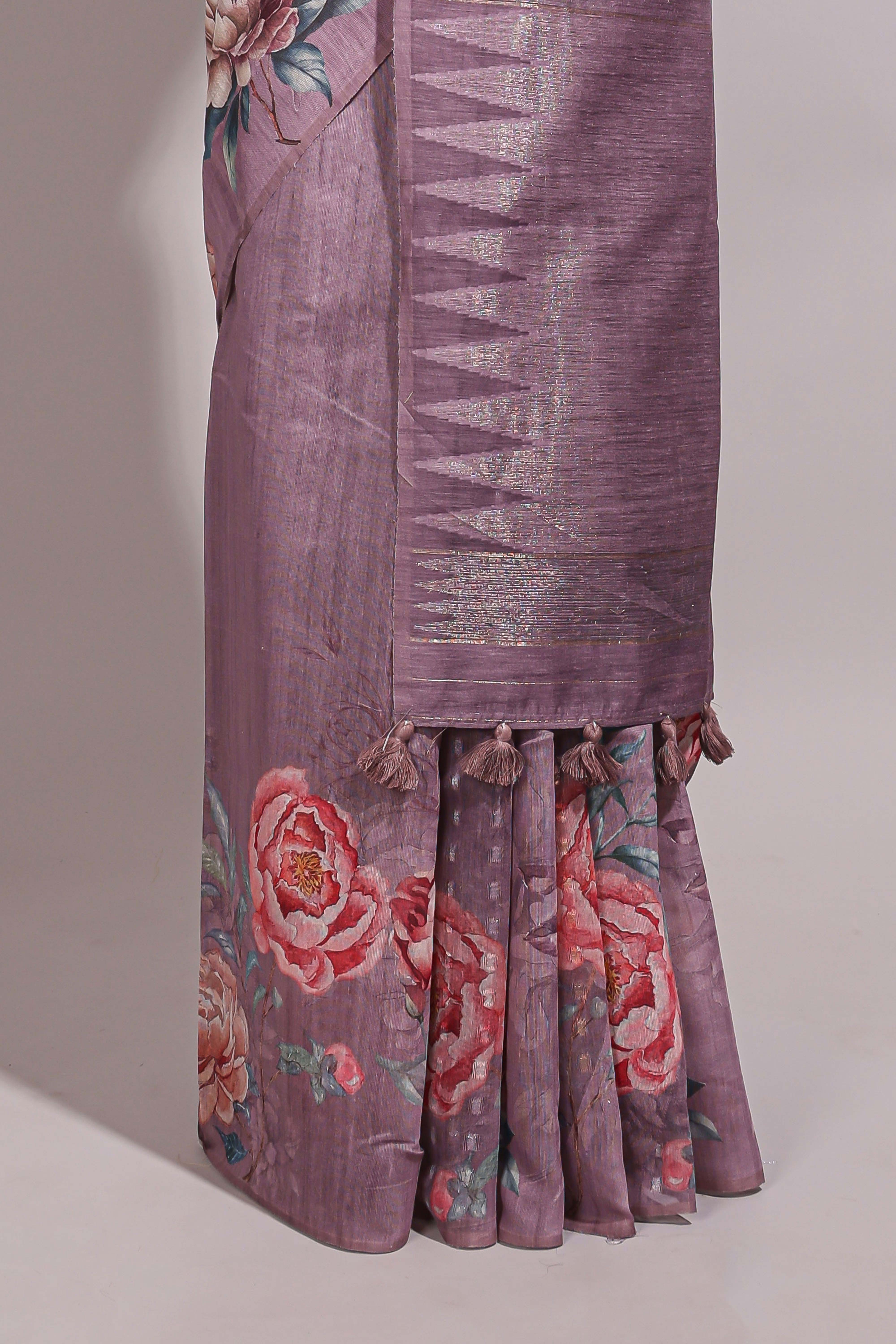 Borderless mauve floral design semi tussar saree with self pallu and blouse