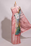 Borderless pink peacock feather design semi tussar saree with self pallu and matching blouse