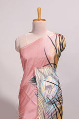 Borderless pink peacock feather design semi tussar saree with self pallu and matching blouse