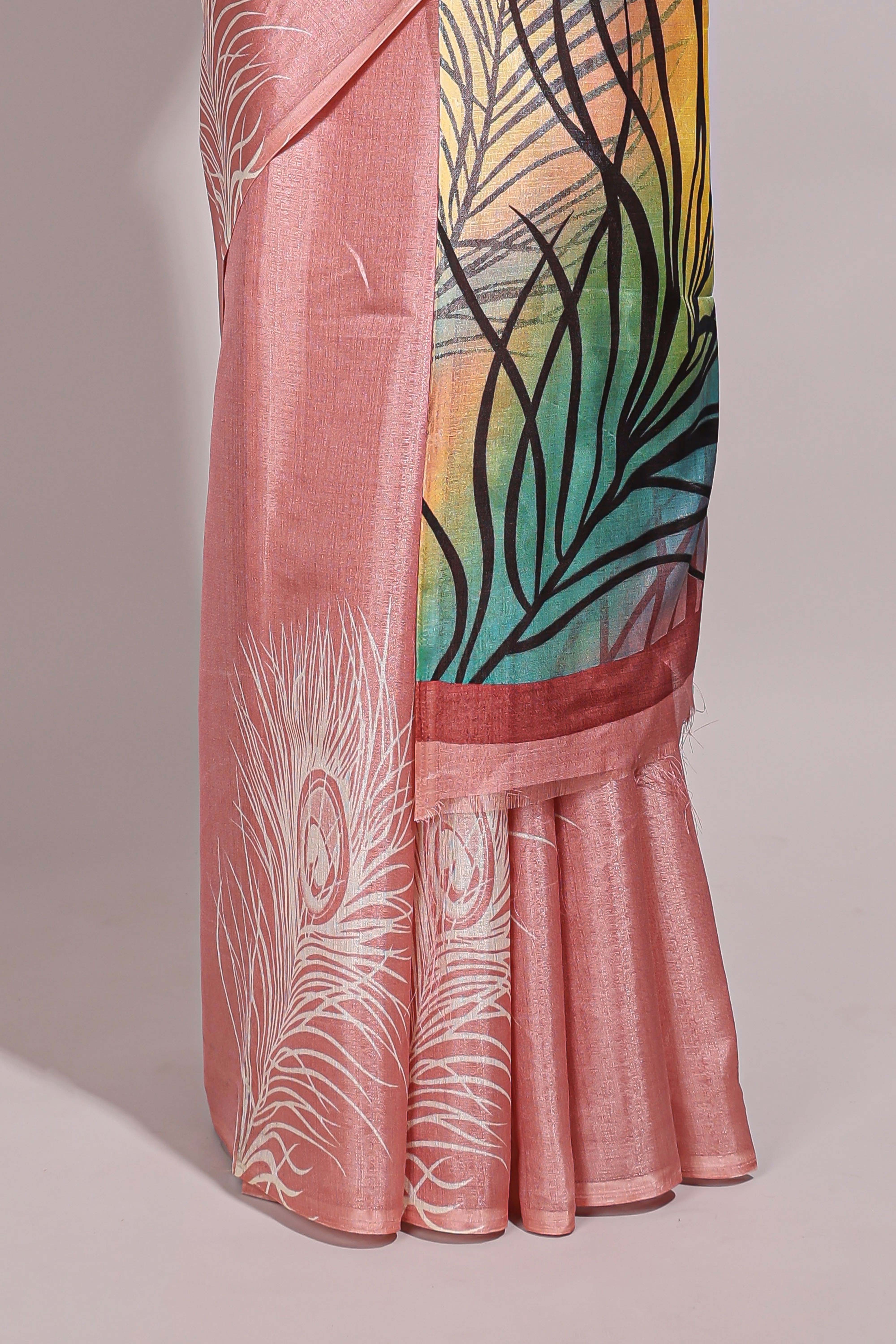 Borderless pink peacock feather design semi tussar saree with self pallu and matching blouse