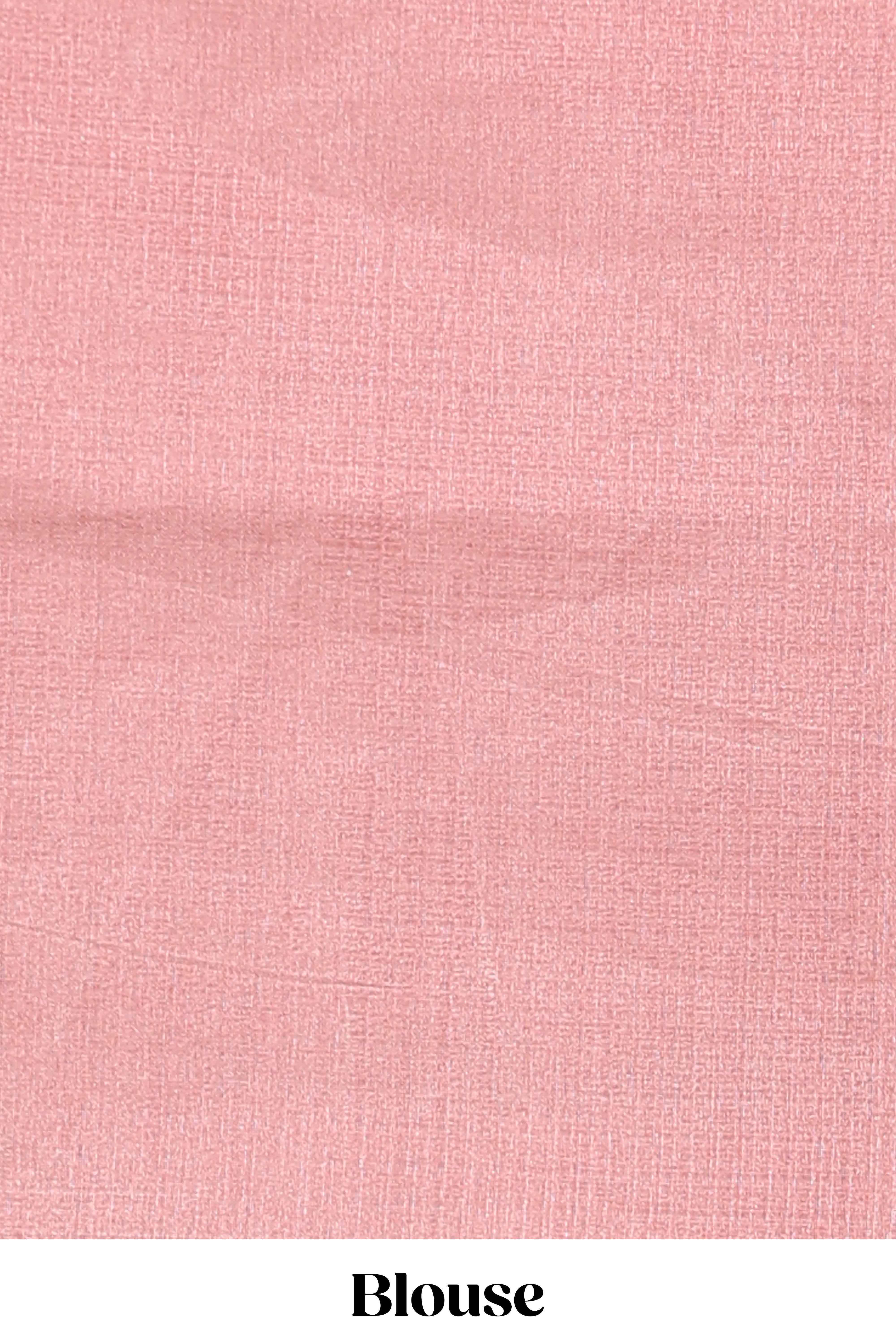 Borderless pink peacock feather design semi tussar saree with self pallu and matching blouse