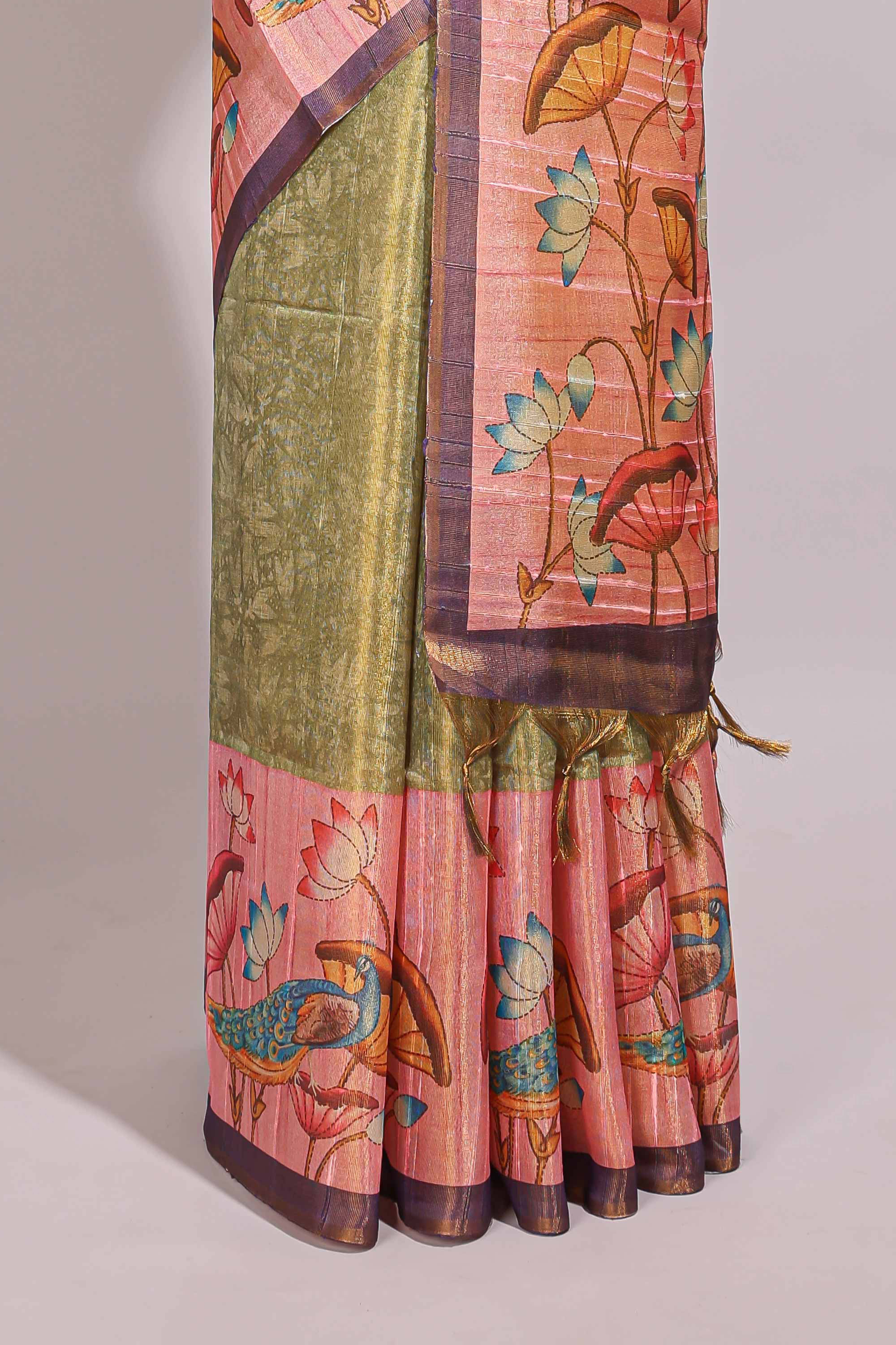 Green floral & peacock design semi tussar saree with contrast border and floral printed blouse