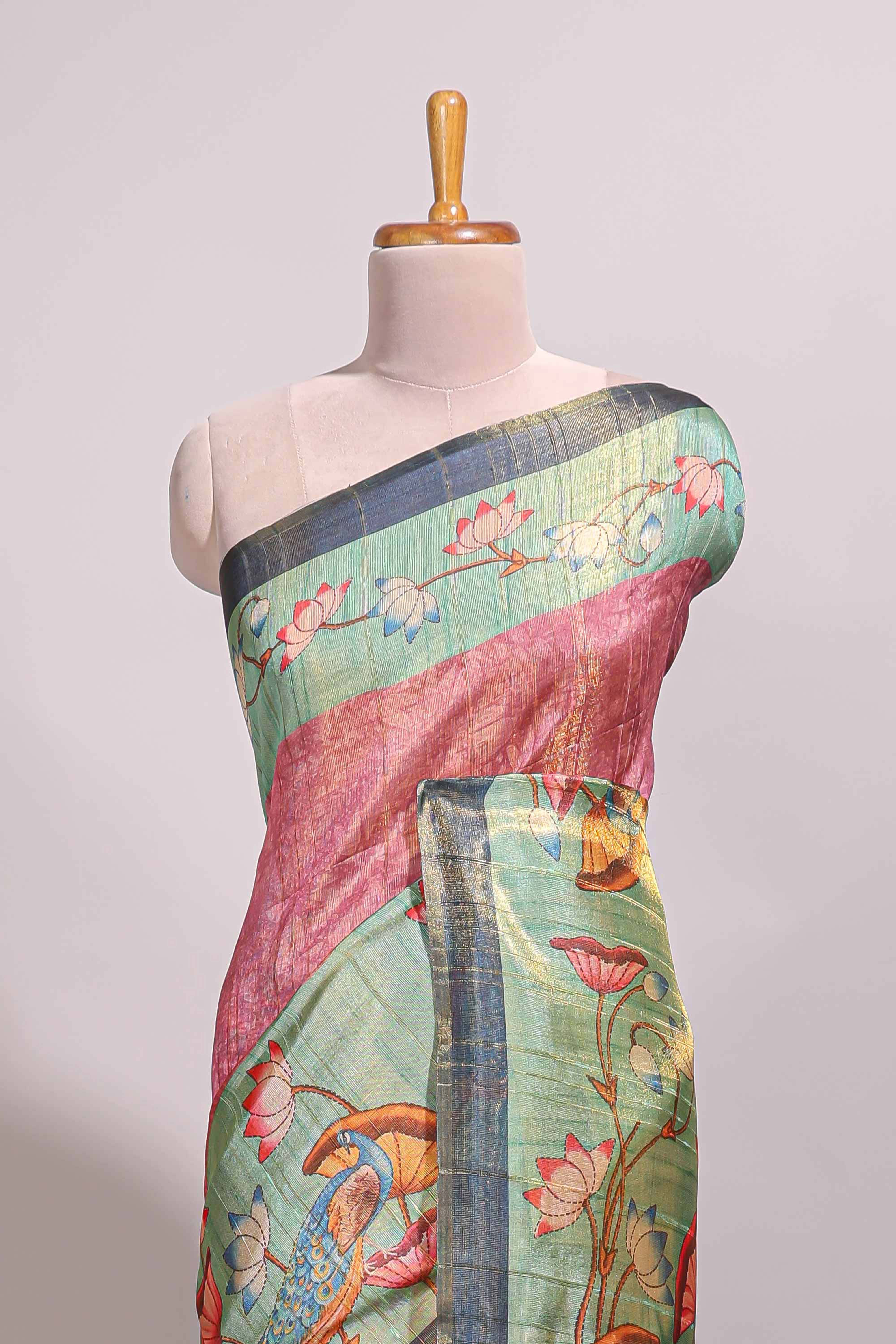 Pink floral & peacock design semi tussar saree with contrast border and floral printed blouse