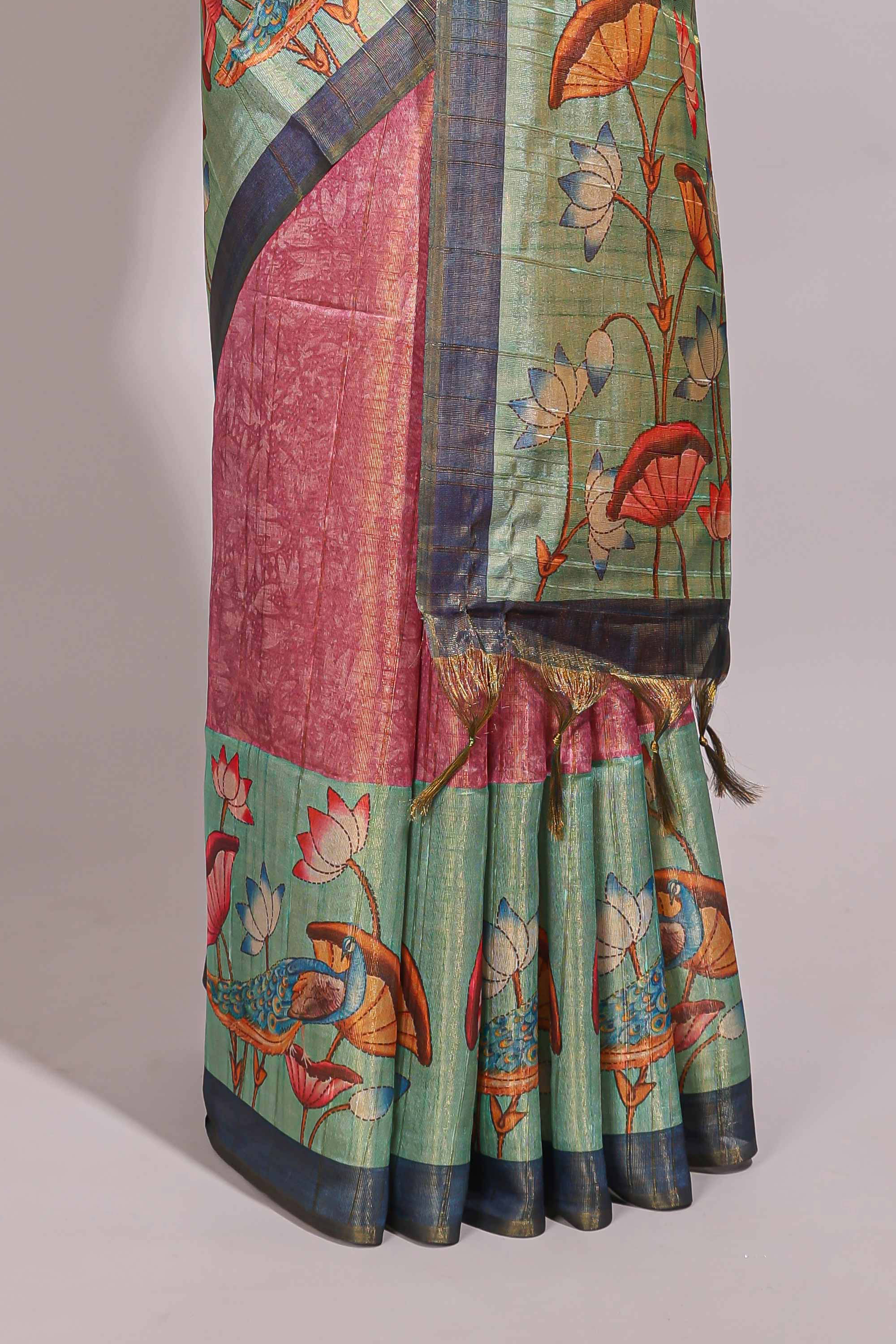 Pink floral & peacock design semi tussar saree with contrast border and floral printed blouse