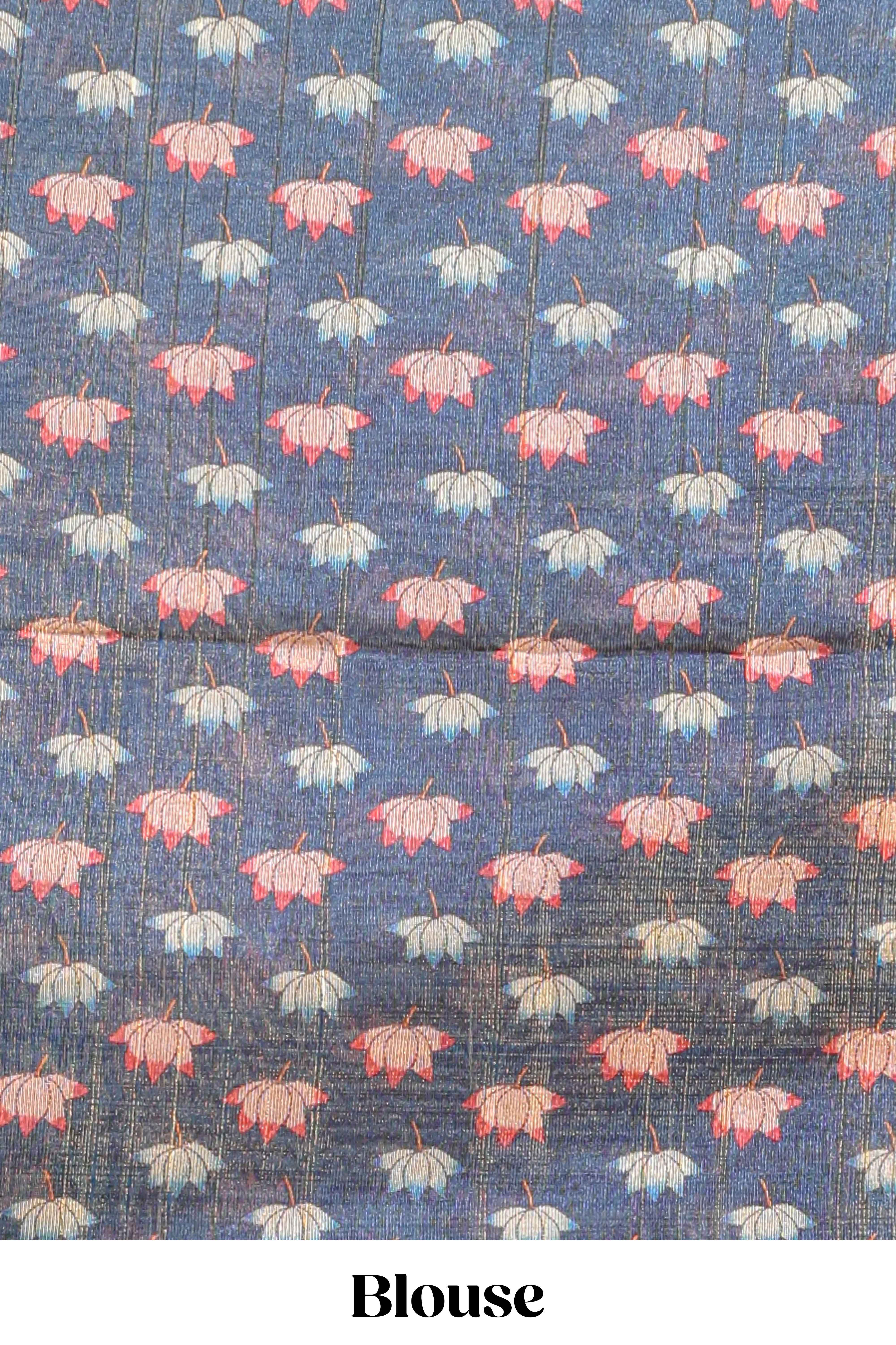 Pink floral & peacock design semi tussar saree with contrast border and floral printed blouse