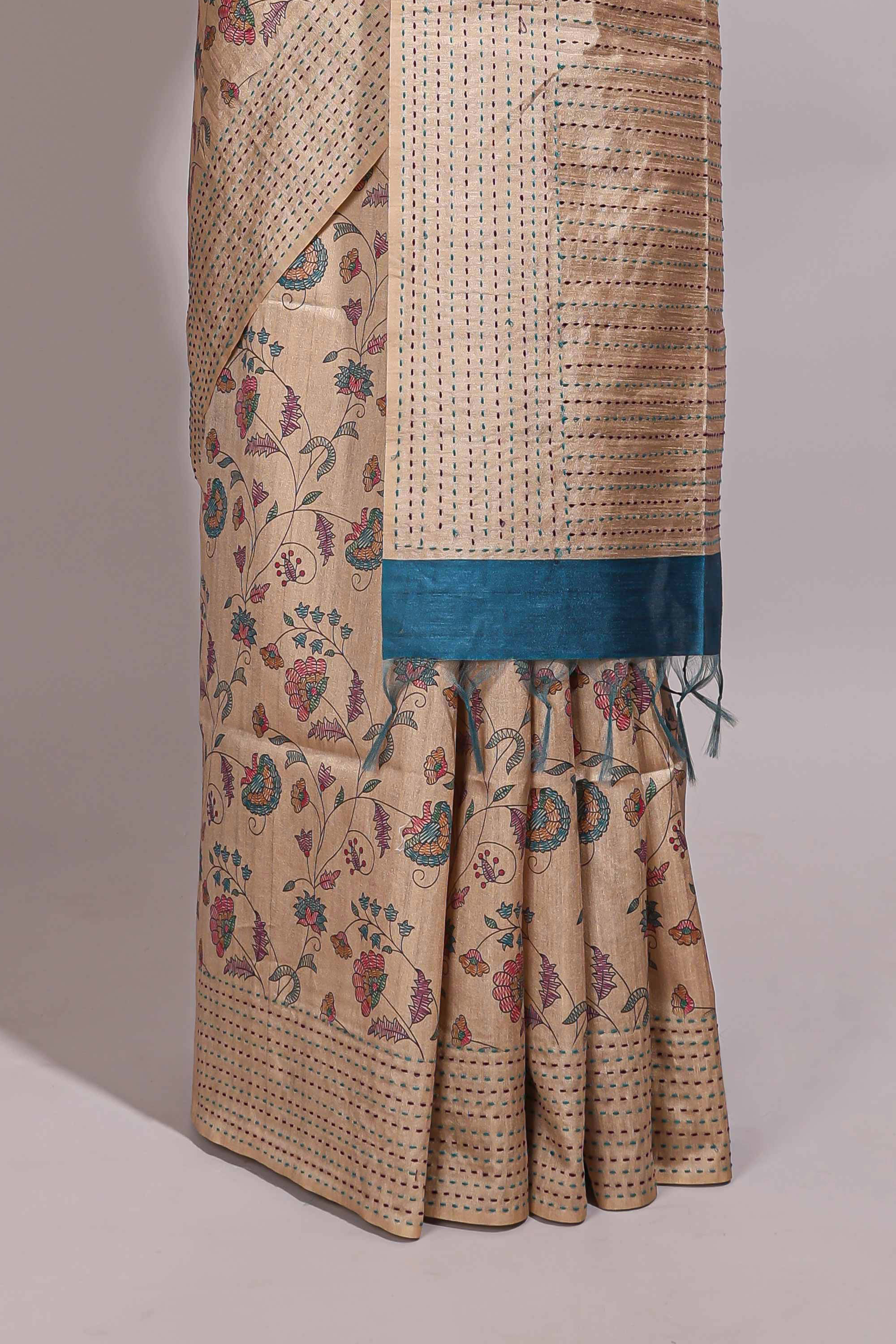 Sandal floral design semi tussar saree with self border and contrast floral printed blouse