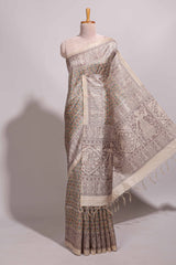 Multi color all over floral design semi tussar saree with contrast border and floral printed blouse