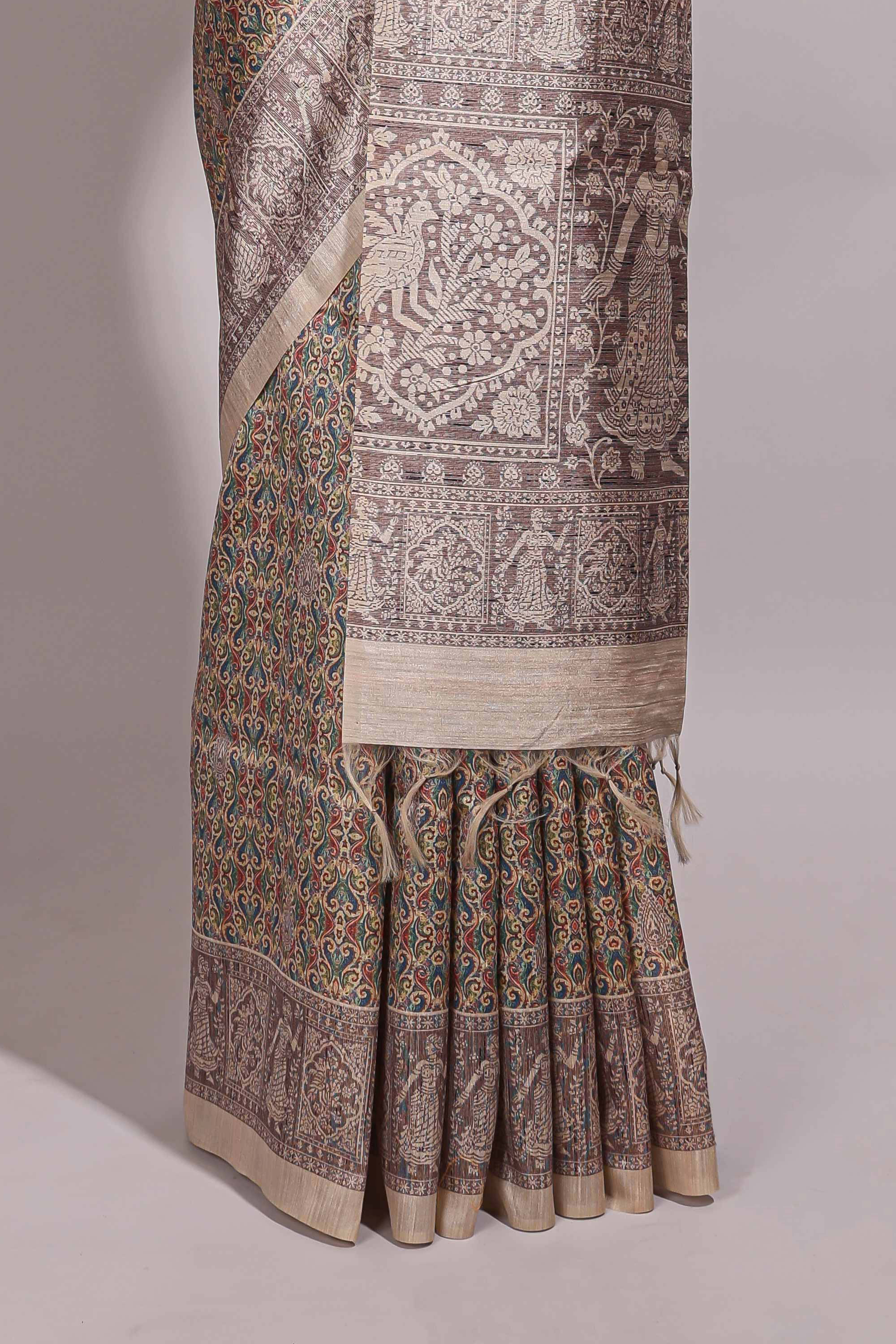 Multi color all over floral design semi tussar saree with contrast border and floral printed blouse