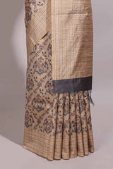 Sandal floral vines design semi tussar saree with self border and contrast printed blouse