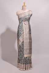 Green floral design semi tussar saree with contrast border and floral printed blouse