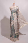Green floral design semi tussar saree with contrast border and floral printed blouse