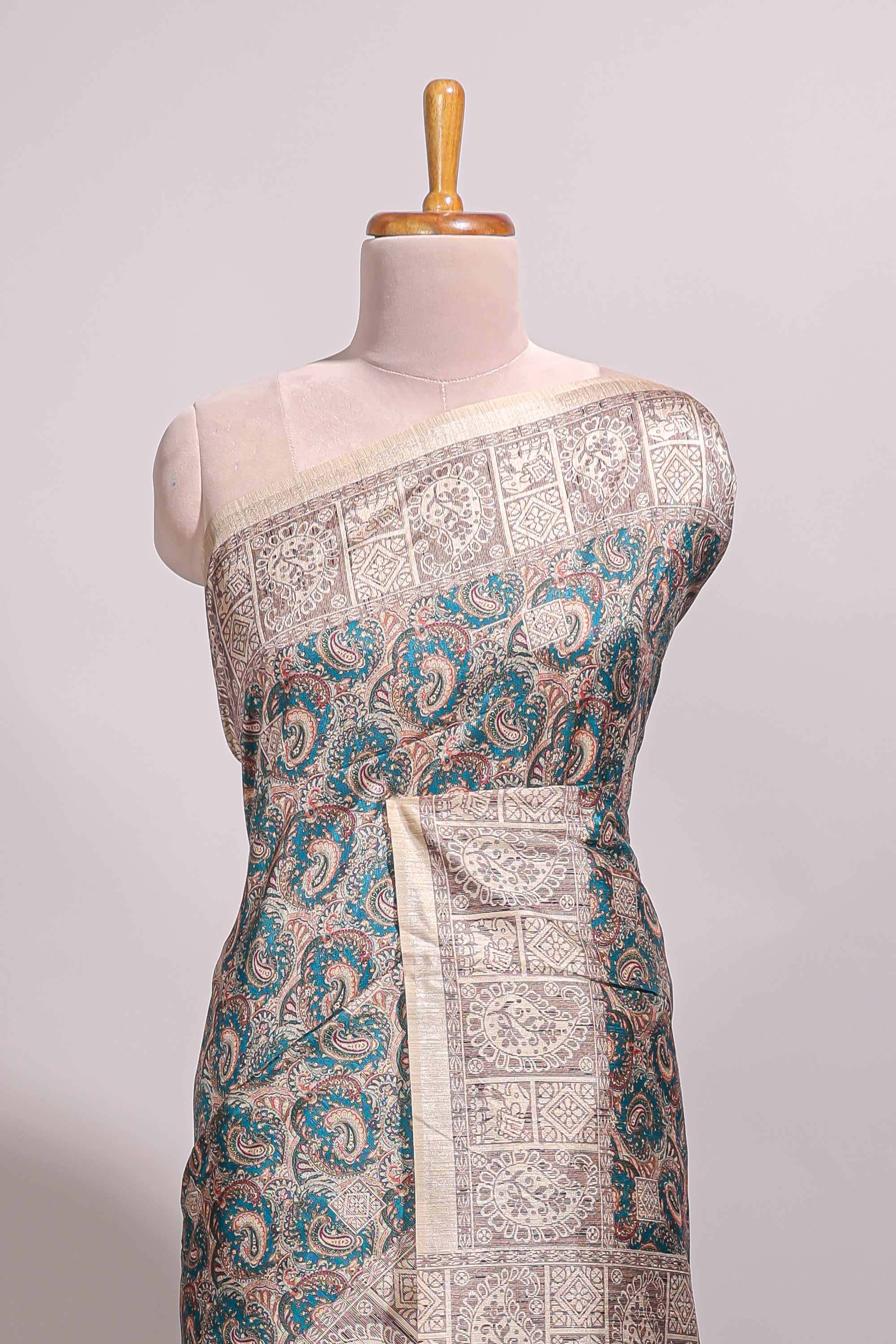 Green floral design semi tussar saree with contrast border and floral printed blouse