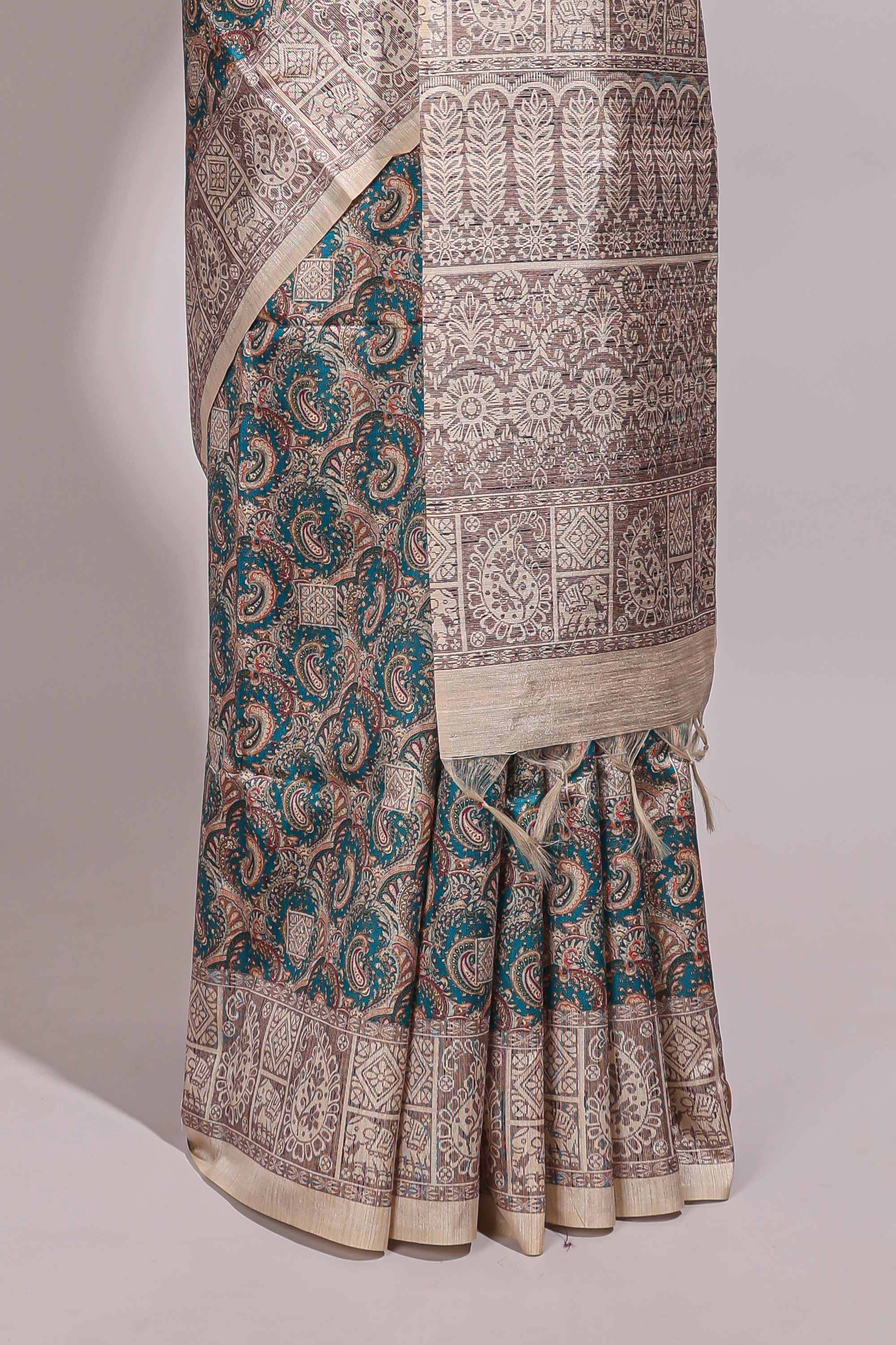 Green floral design semi tussar saree with contrast border and floral printed blouse