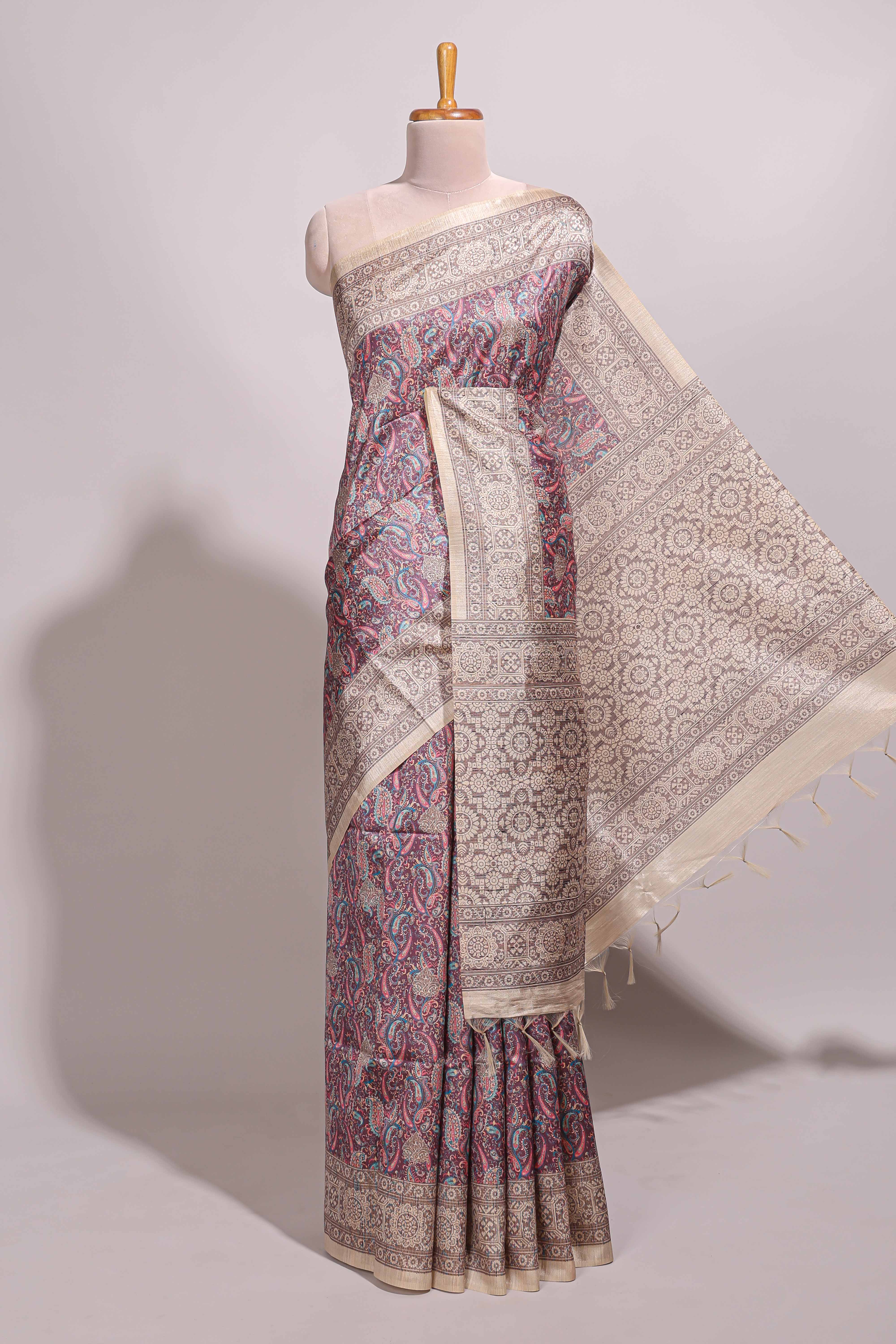 Purple floral design semi tussar saree with contrast border and floral printed blouse