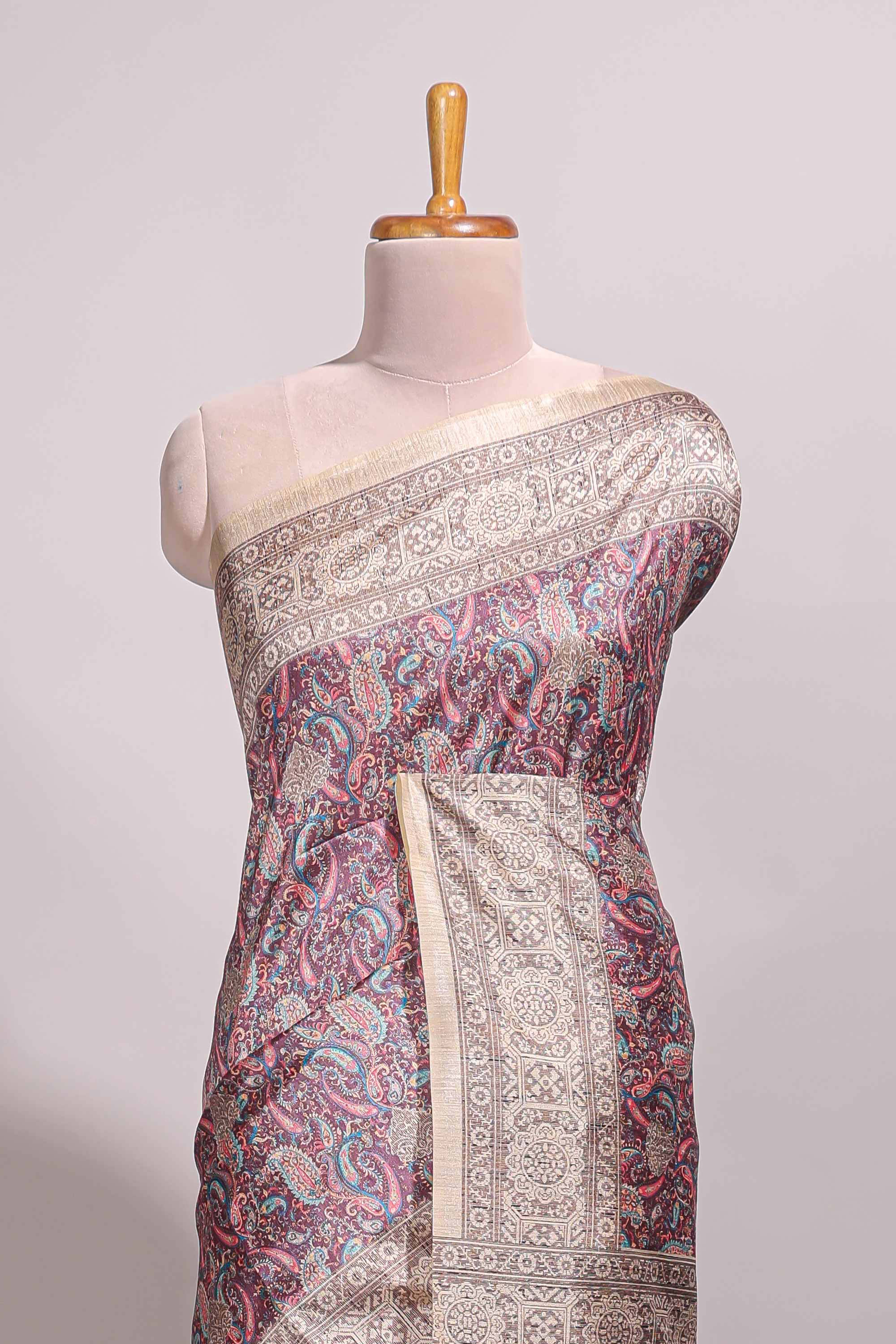 Purple floral design semi tussar saree with contrast border and floral printed blouse