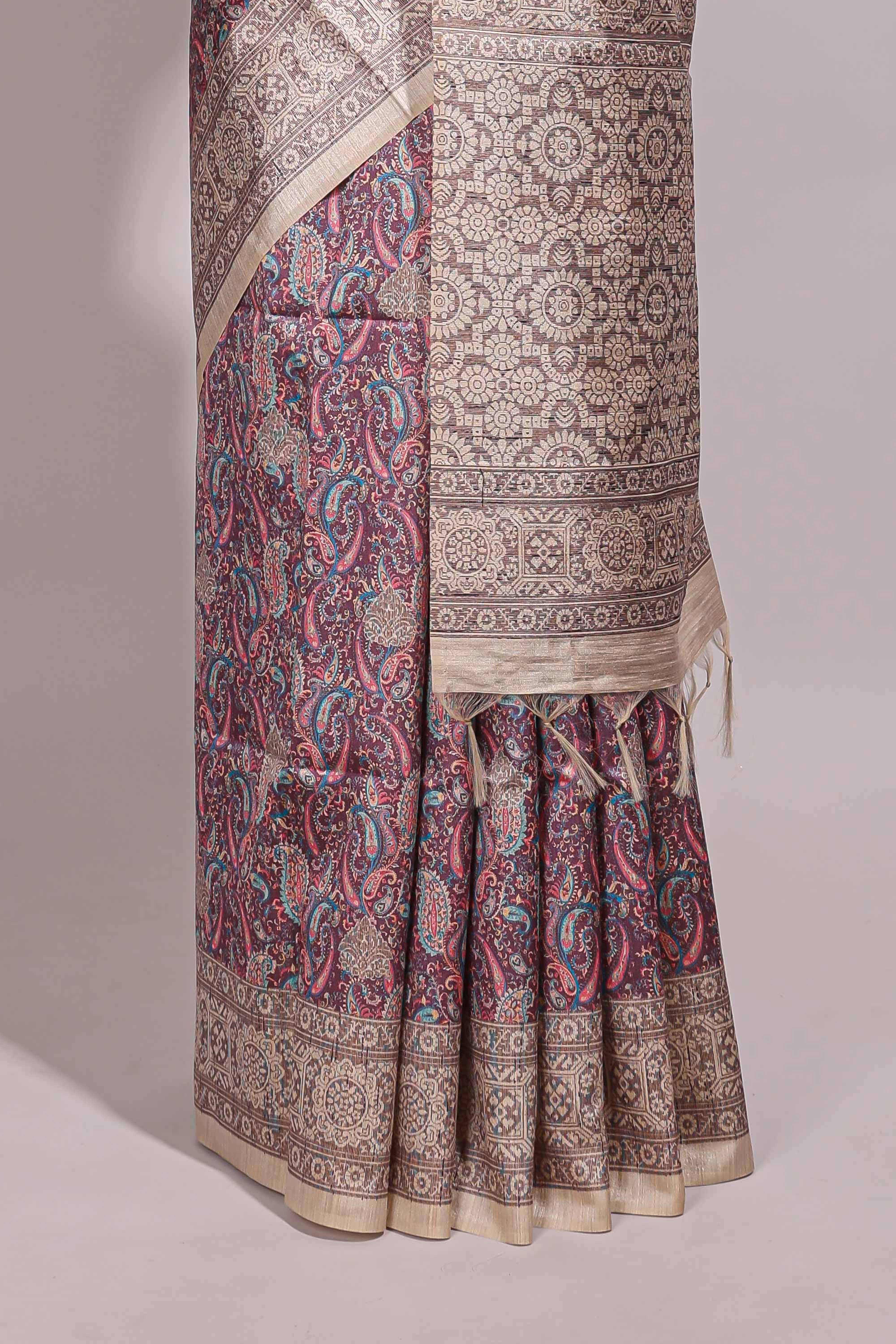 Purple floral design semi tussar saree with contrast border and floral printed blouse