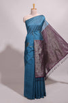 Borderless peacock blue floral design semi tussar saree with contrast pallu and blouse