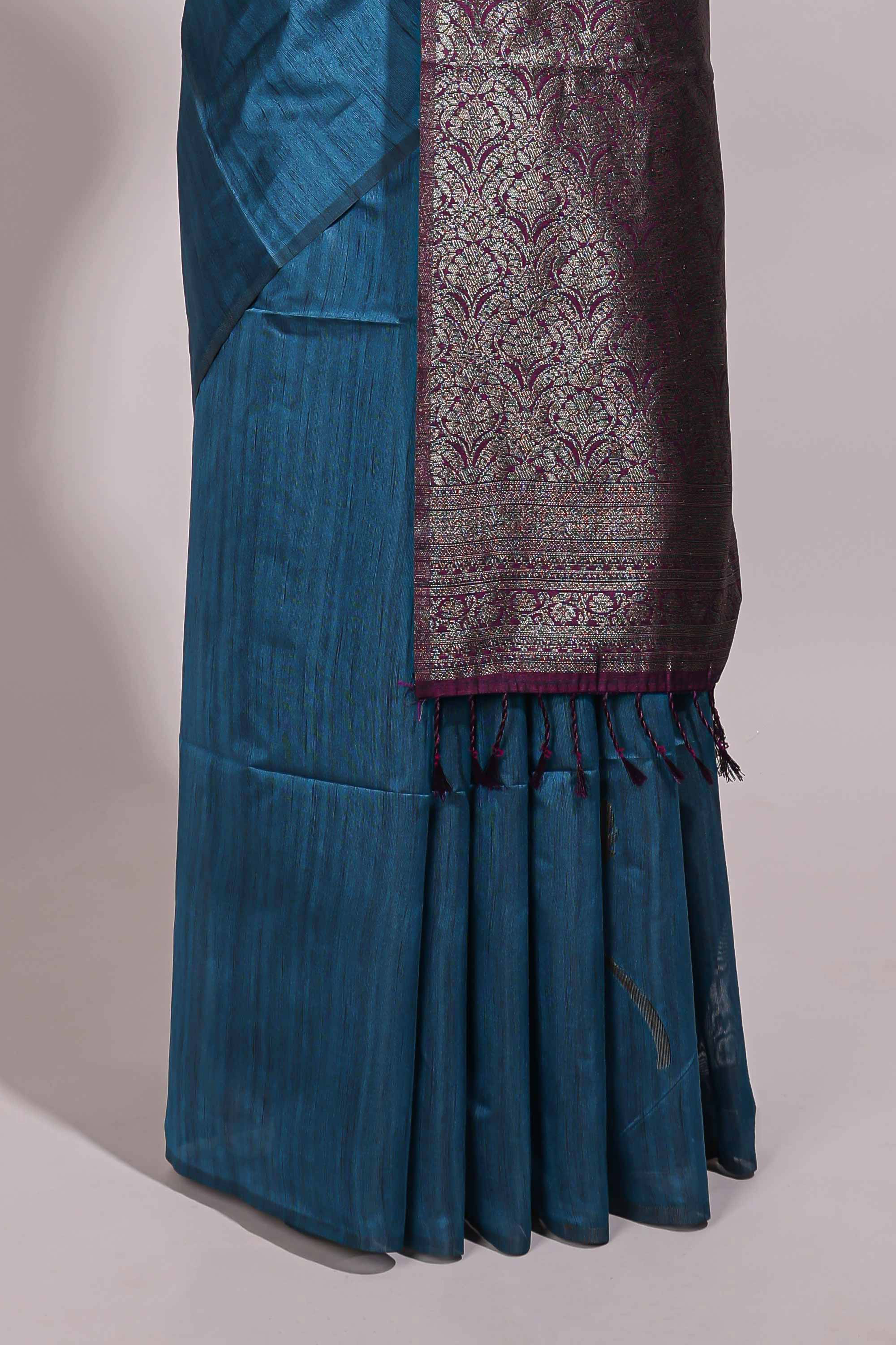 Borderless peacock blue floral design semi tussar saree with contrast pallu and blouse