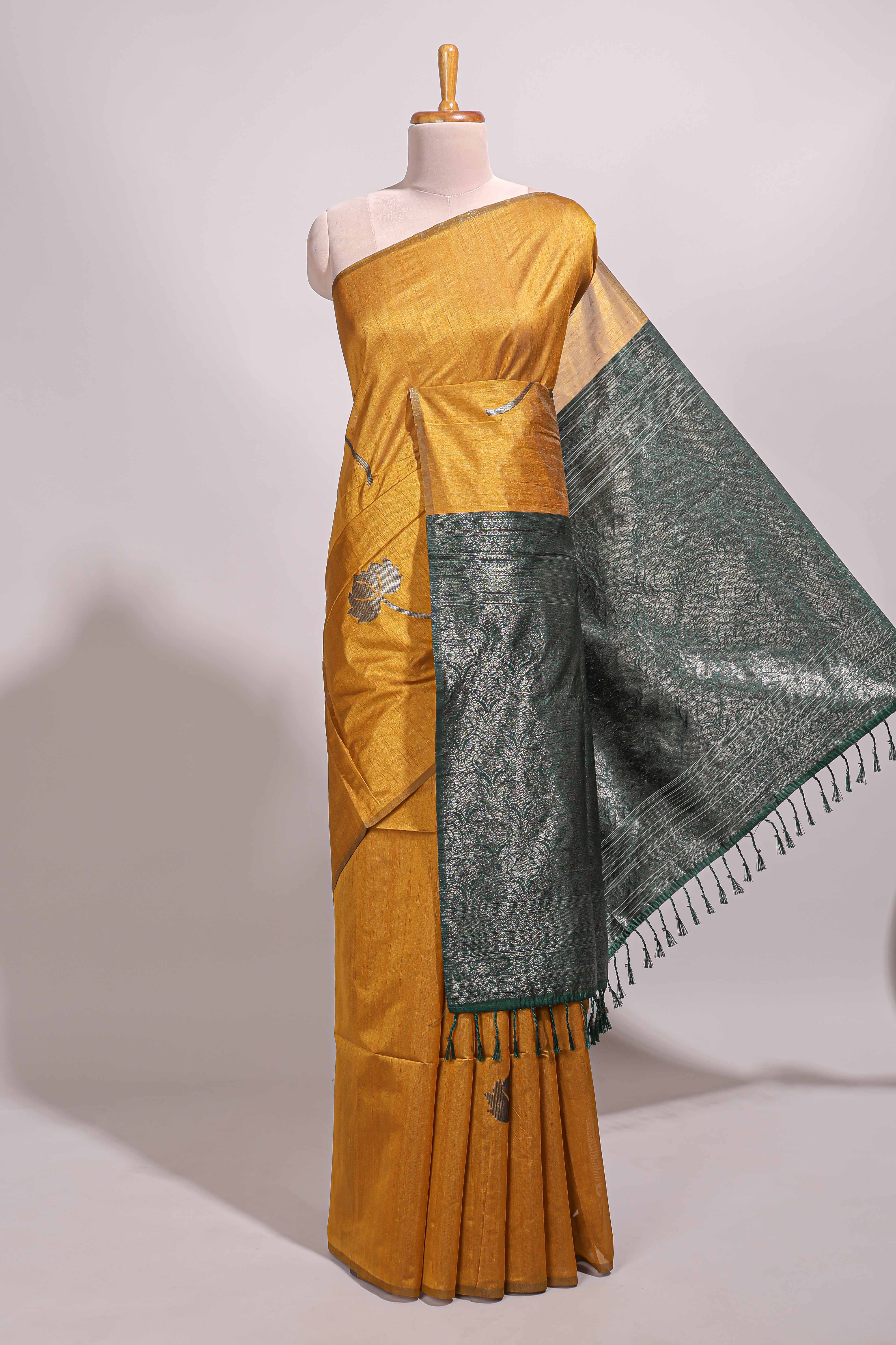 Borderless mustard floral design semi tussar saree with contrast pallu and blouse