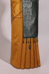 Borderless mustard floral design semi tussar saree with contrast pallu and blouse