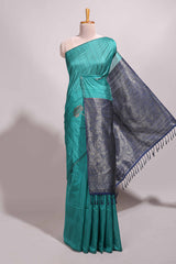 Borderless peacock green floral design semi tussar saree with contrast pallu and blouse