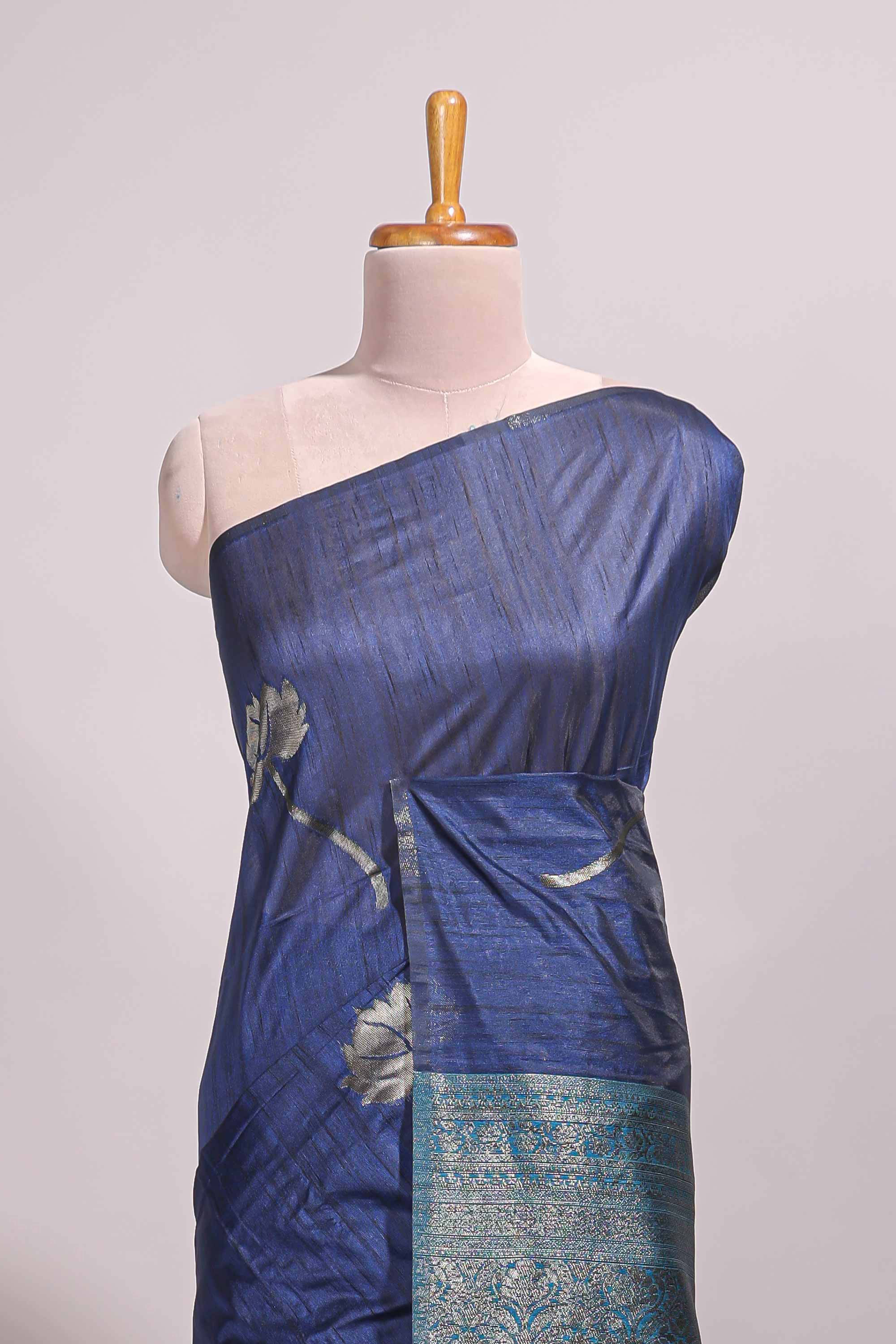 Borderless blue floral design semi tussar saree with contrast pallu and blouse