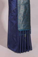 Borderless blue floral design semi tussar saree with contrast pallu and blouse