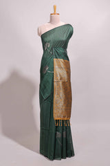 Borderless green floral design semi tussar saree with contrast pallu and blouse
