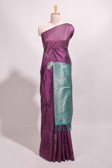 Borderless purple floral design semi tussar saree with contrast pallu and blouse
