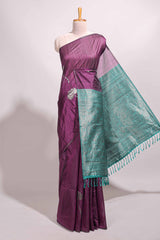 Borderless purple floral design semi tussar saree with contrast pallu and blouse