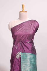 Borderless purple floral design semi tussar saree with contrast pallu and blouse