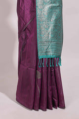 Borderless purple floral design semi tussar saree with contrast pallu and blouse