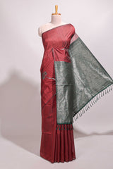 Borderless maroon floral design semi tussar saree with contrast pallu and blouse
