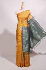 Borderless yellow floral design semi tussar saree with contrast pallu and blouse