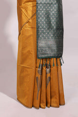 Borderless yellow floral design semi tussar saree with contrast pallu and blouse