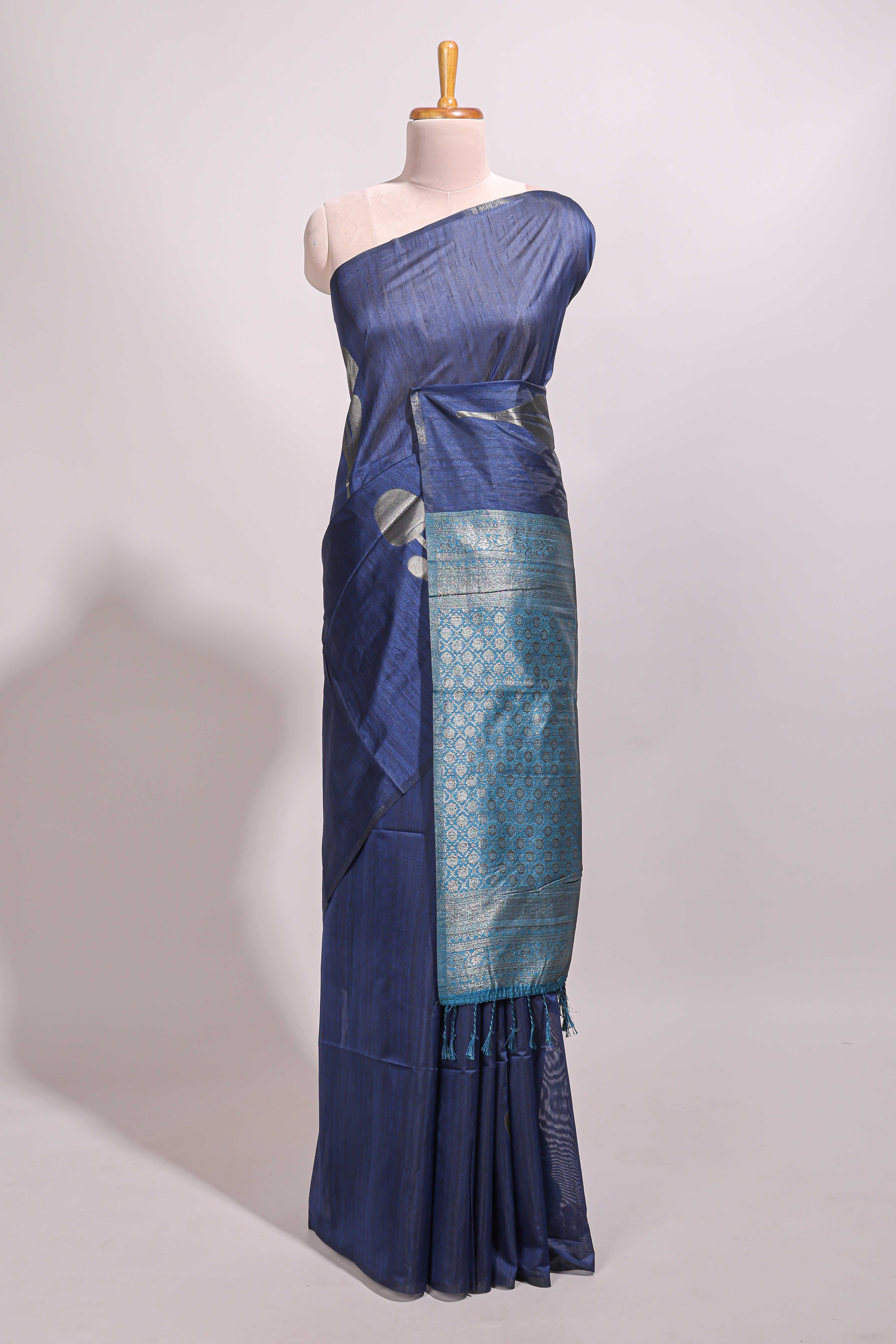 Borderless blue floral design semi tussar saree with contrast pallu and blouse
