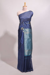 Borderless blue floral design semi tussar saree with contrast pallu and blouse