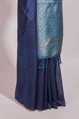 Borderless blue floral design semi tussar saree with contrast pallu and blouse