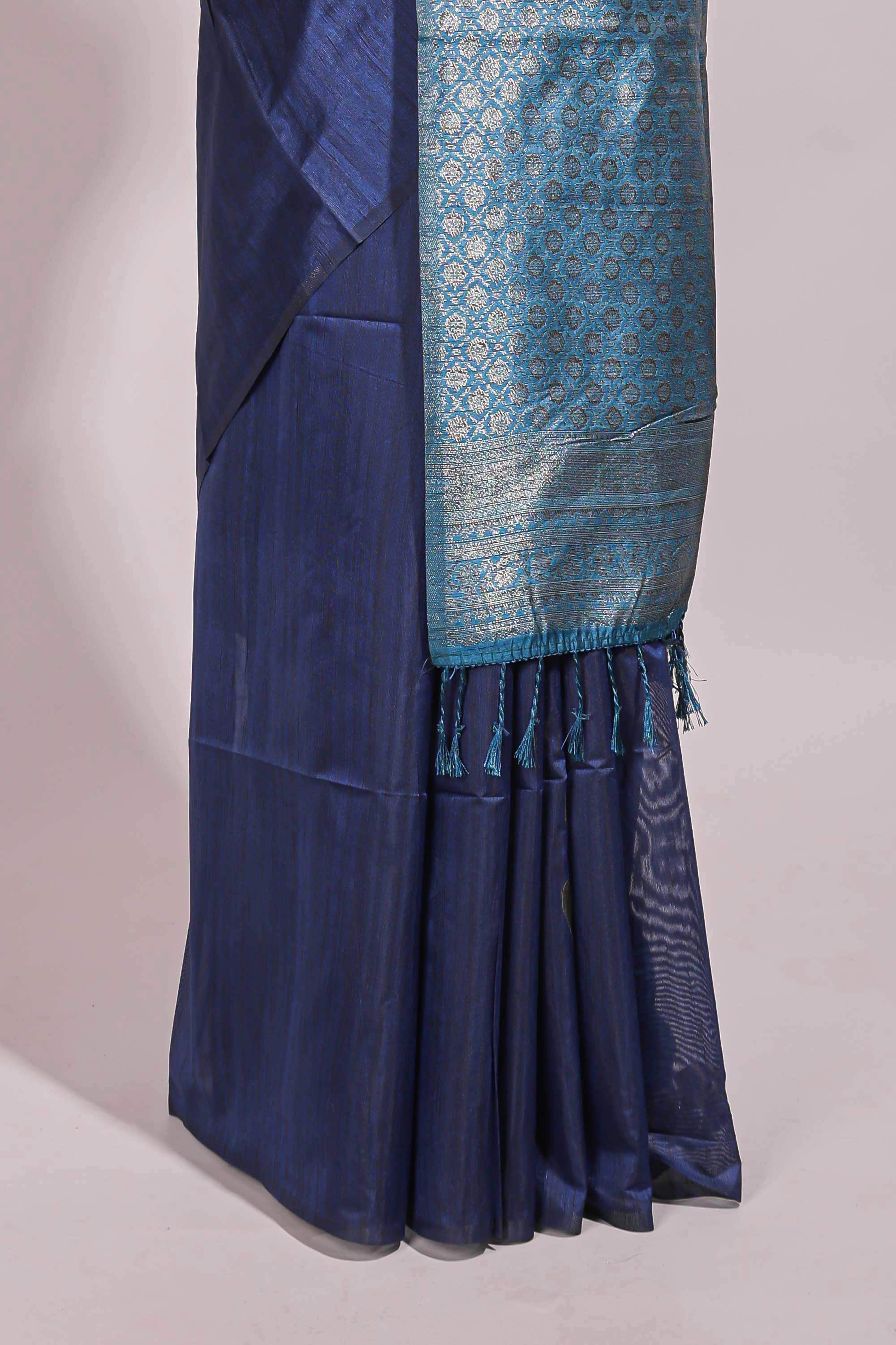 Borderless blue floral design semi tussar saree with contrast pallu and blouse