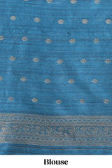 Borderless blue floral design semi tussar saree with contrast pallu and blouse