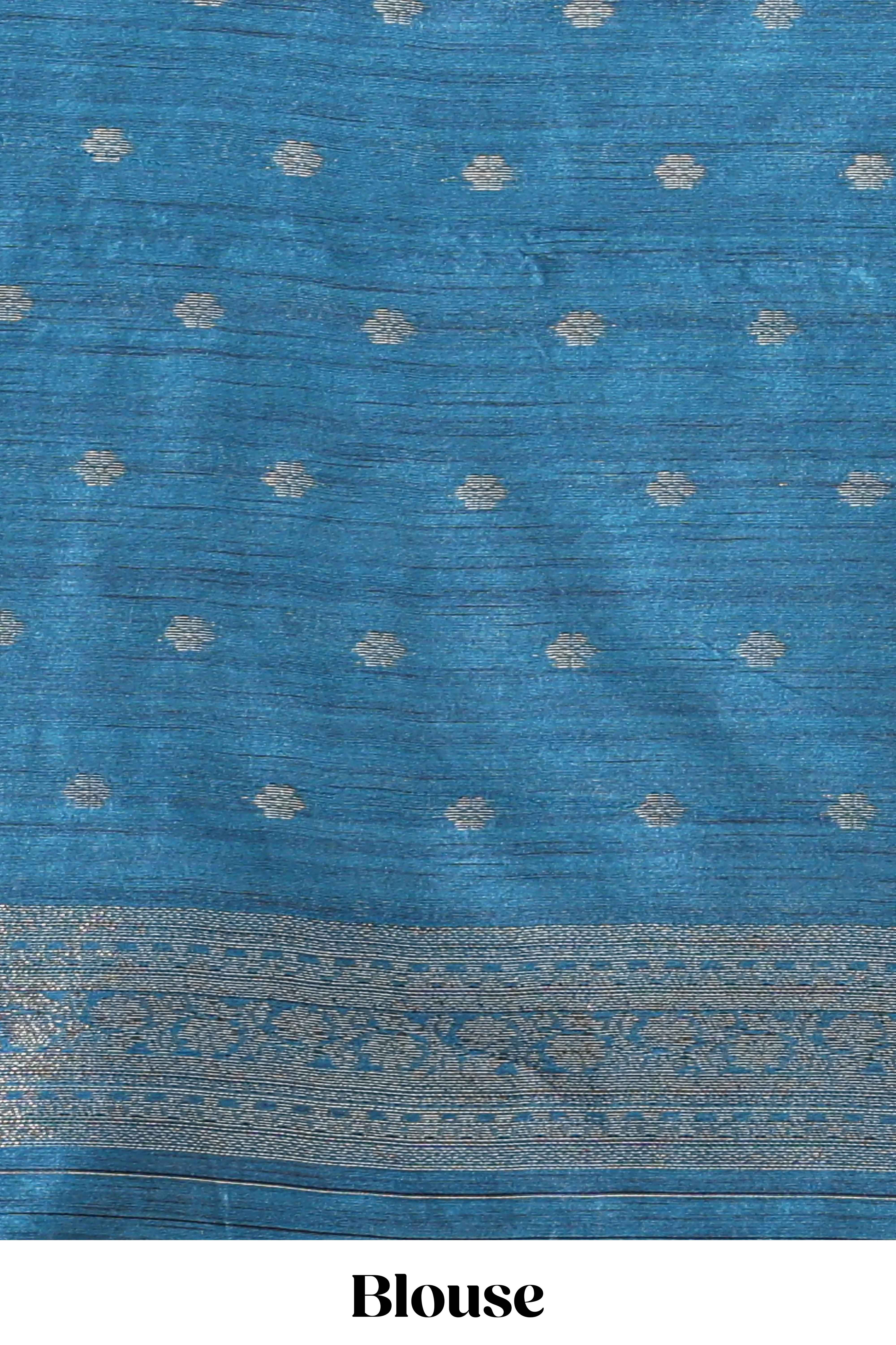 Borderless blue floral design semi tussar saree with contrast pallu and blouse