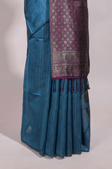 Borderless blue floral design semi tussar saree with contrast pallu and blouse