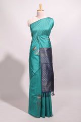 Borderless green floral design semi tussar saree with contrast pallu and blouse