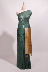 Borderless bottel green floral design semi tussar saree with contrast pallu and blouse