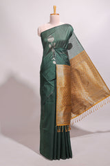 Borderless bottel green floral design semi tussar saree with contrast pallu and blouse