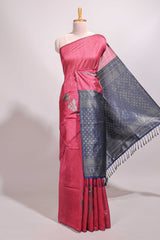 Borderless pink floral design semi tussar saree with contrast pallu and blouse