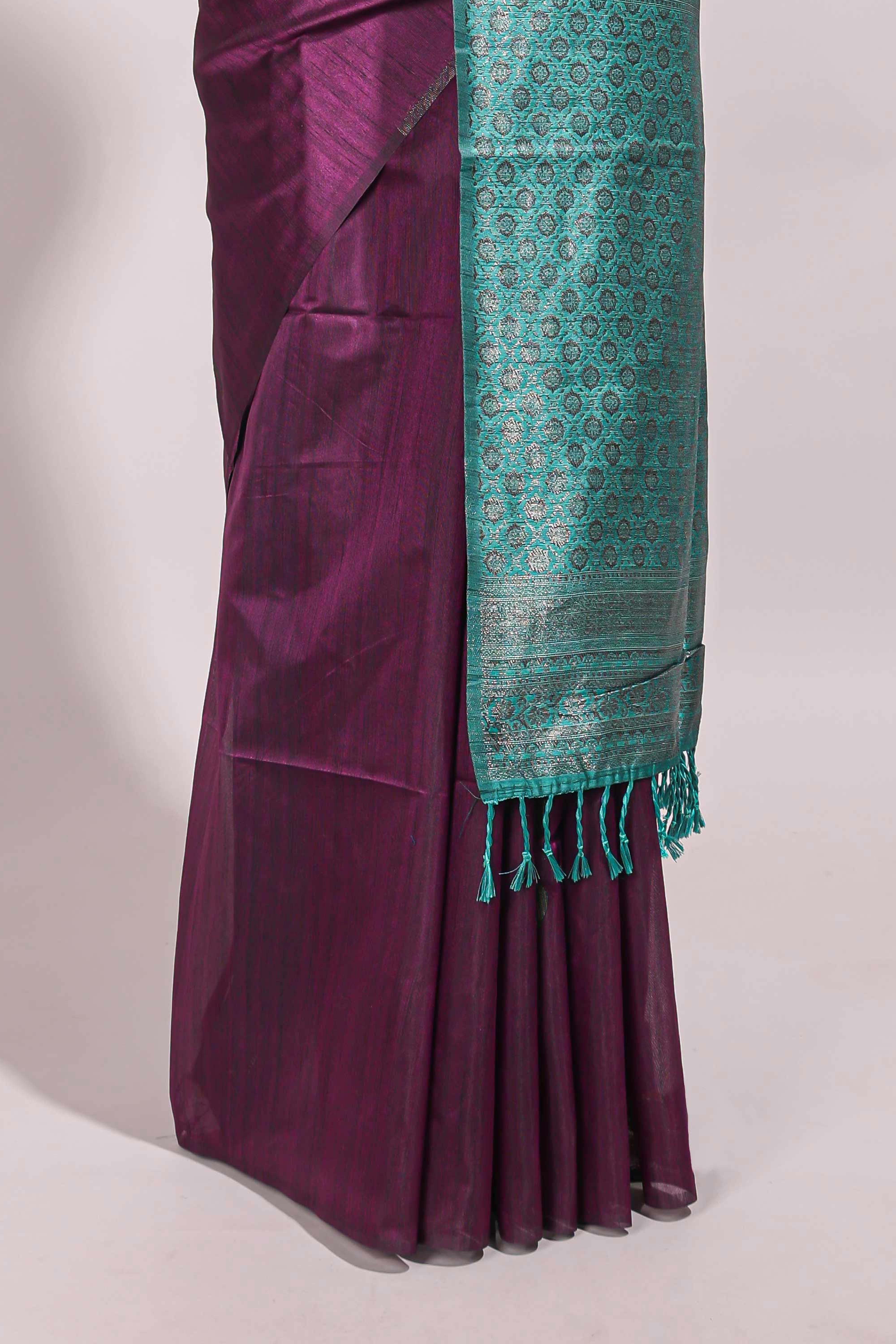 Borderless purple floral design semi tussar saree with contrast pallu and blouse