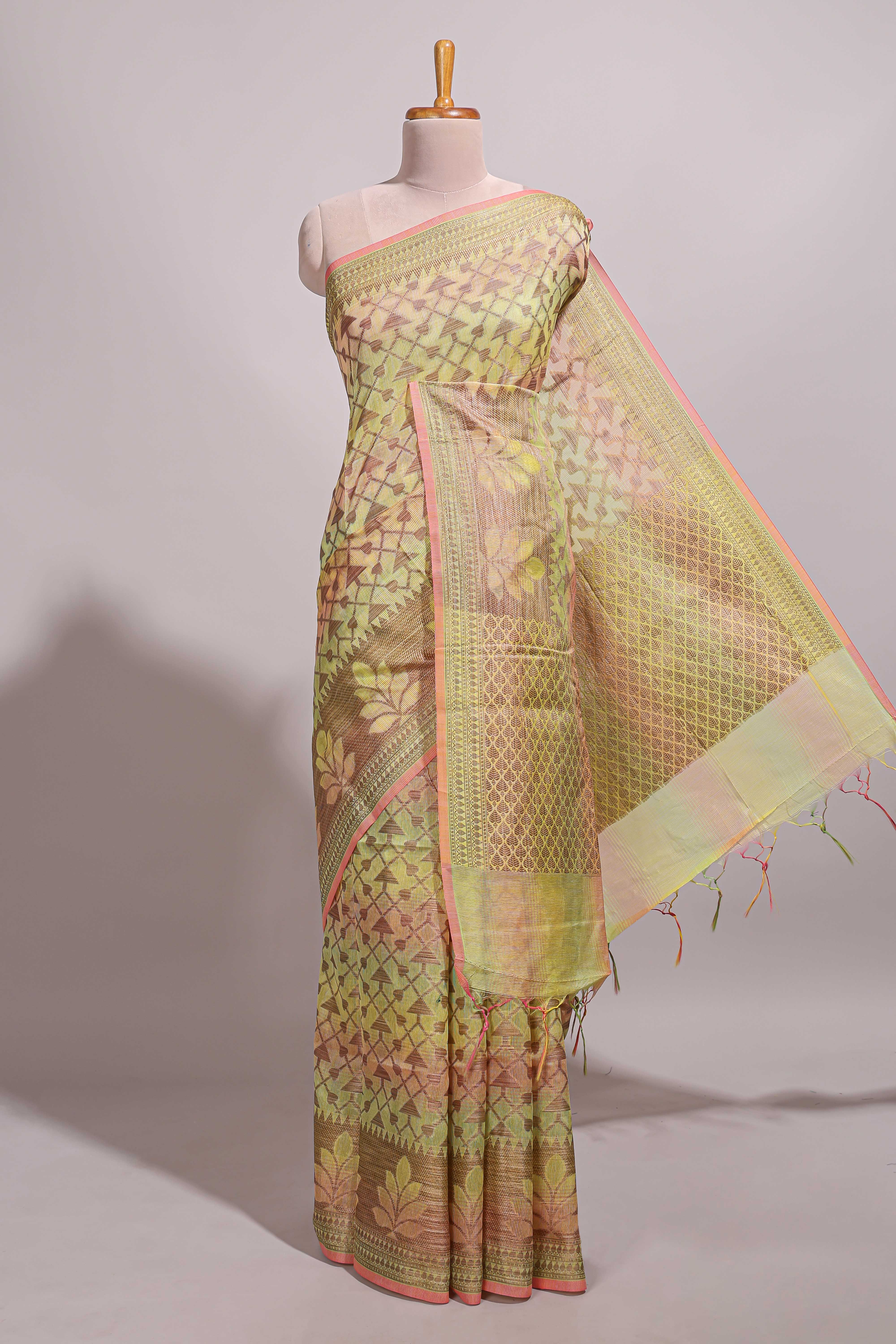 Multi color geometric design semi tussar saree with self border and printed blouse