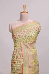 Multi color geometric design semi tussar saree with self border and printed blouse